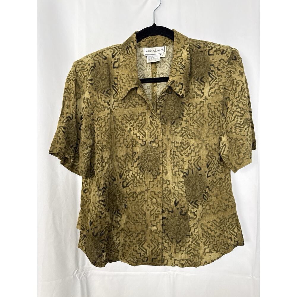Vintage Karin Stevens Cropped Blouse Abstract Tribal Olive Green Size 8 Unique